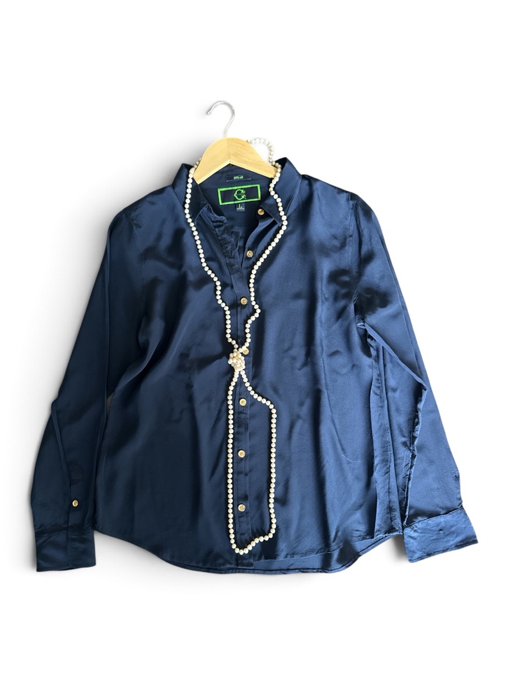 C Wonder 100% Silk Button-Up Shirt Navy Size L
